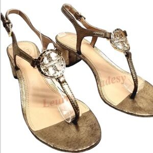 Tory Burch T-Strap Violet Platinum Gold Sz 10M Slingback Thong Heel Sandal